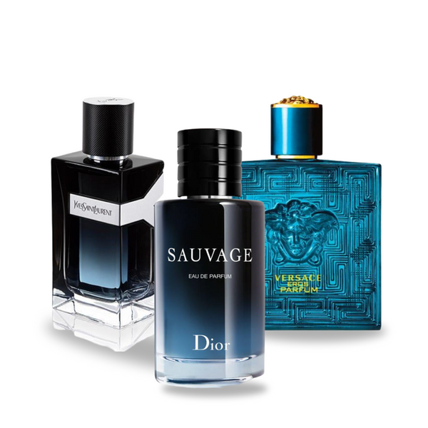 Pacchetto promozionale di 3 profumi : Dior SAUVAGE, Yves Saint Laurent Y MEN e Versace EROS 100ml.