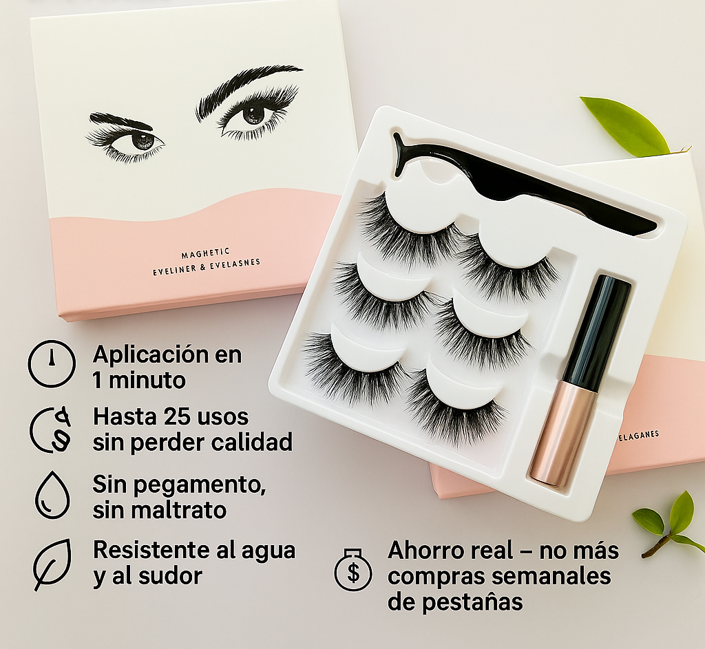 [SET DE 3 PARES] Pestañas Magnéticas Reutilizables con Delineador – Sin Pegamento, Sin Daño, 100%