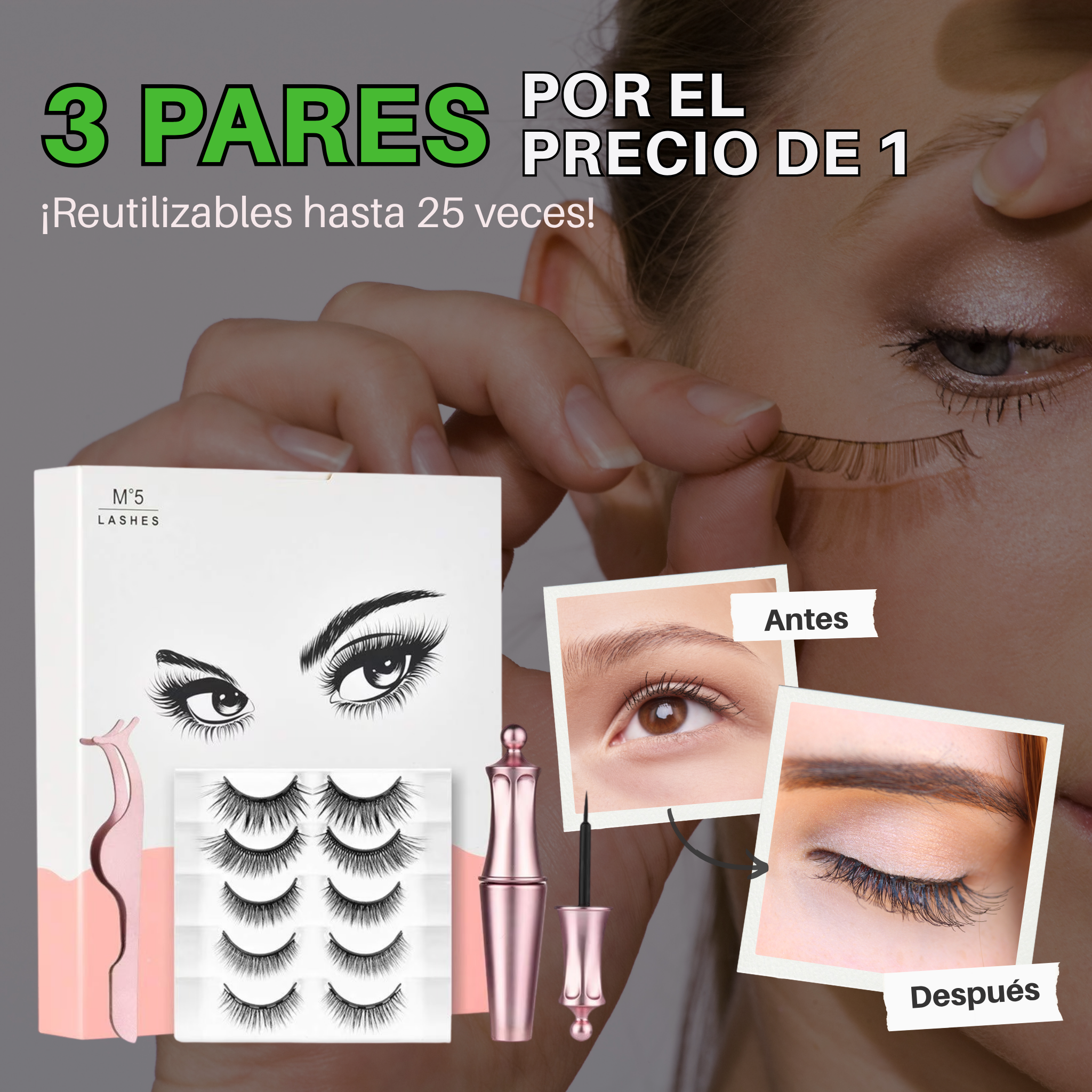 [SET DE 3 PARES] Pestañas Magnéticas Reutilizables con Delineador – Sin Pegamento, Sin Daño, 100%